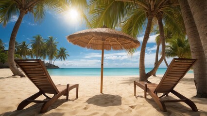 Two Wooden Loungers on a Tropical Beach with a Palm Tree Canopy and a Straw Umbrella