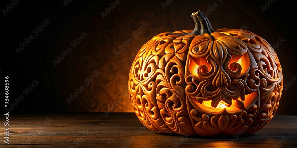 Wall mural Intricate pattern carved into a spooky jack o lantern for Halloween decoration