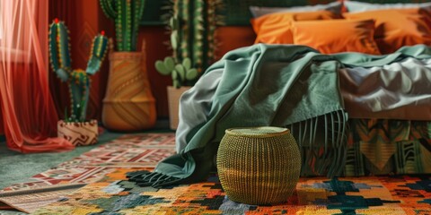 Cactus motif in teenager s bedroom Stool on geometric carpet with green blanket on bed