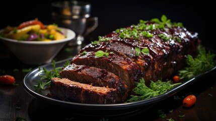 delicious meatloaf with vegetable topping, black and blurred background