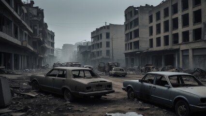 Abandoned Cars in a War-Torn City Street