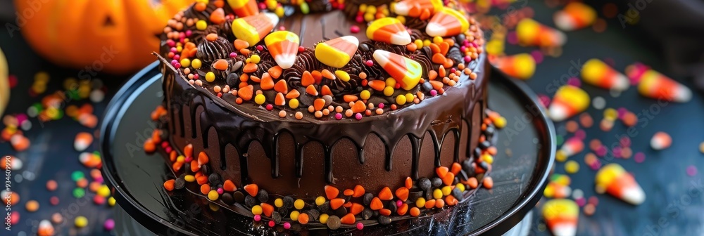 Sticker Halloween-inspired chocolate cake decorated with candy corn sprinkles and festive treats