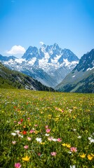 Obraz premium Alpine meadow with melting snow, colorful wildflowers blooming, majestic mountains in the background, crisp blue sky, early spring in the Alps
