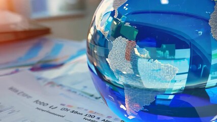 Glass globe model on market data chart, global business financial trends