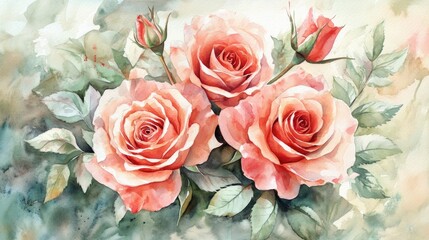 Obraz premium Watercolor greeting card featuring roses suitable for use as an invitation for weddings birthdays and various summer celebrations