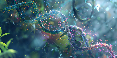 A vibrant DNA strand intertwined with natural elements, representing the fusion of genetics and nature in scientific exploration and biotechnology


