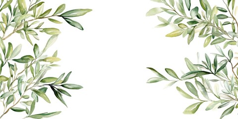 Fototapeta premium Watercolor frame featuring olive branches and green foliage Hand painted botanical artwork for clipart used in greeting cards decorations wedding invitations and stationery design
