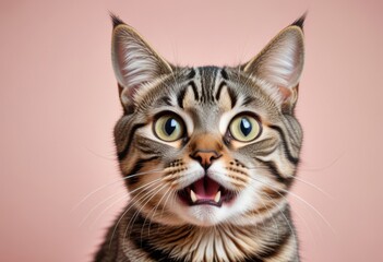 Obraz premium A close-up of a startled grey-striped cat with an amusing expression on a plain pastel backdrop