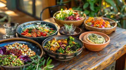 Obraz premium A table setting with various plates and bowls of food including salads.