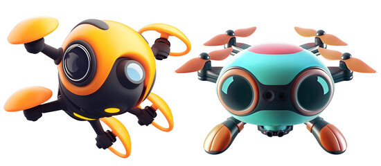 set of cute drone device. 3D cartoon animation style.