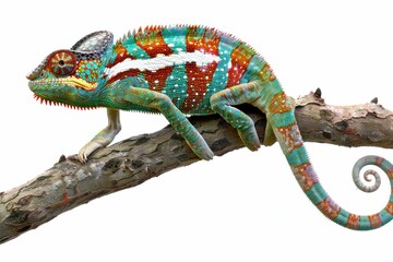 Vibrant chameleon perched on a tree branch against a serene white background, showcasing the beauty of nature