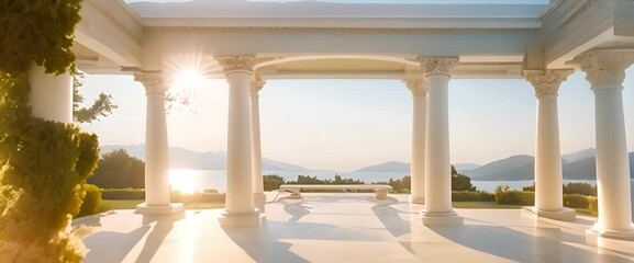 The majestic marble pavilion, with golden sunlight shining on the olive trees, casts intricate shadows - Powered by Adobe