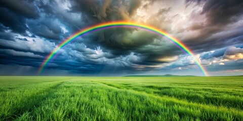 Naklejka premium Dramatic landscape of a grass field with a rainbow under a gray cloudy sky