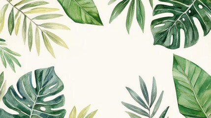 Fototapeta premium Watercolor fern and monstera branch summer template in a frame