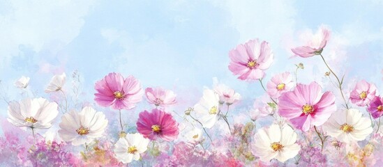 Watercolor illustration featuring soft selective focus on a colorful field of pink and white cosmos flowers against the sky creating a sweet and blossoming backdrop suitable for weddings or Valent