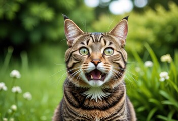 Fototapeta premium A humorous feline portrait capturing a tabby cat’s astonished reaction, set against a monochrome soft green setting.