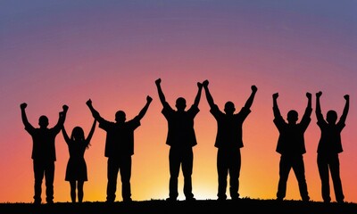 Fototapeta premium a lineup of silhouetted figures celebrating, with arms raised triumphantly, set against a gradient sunset sky