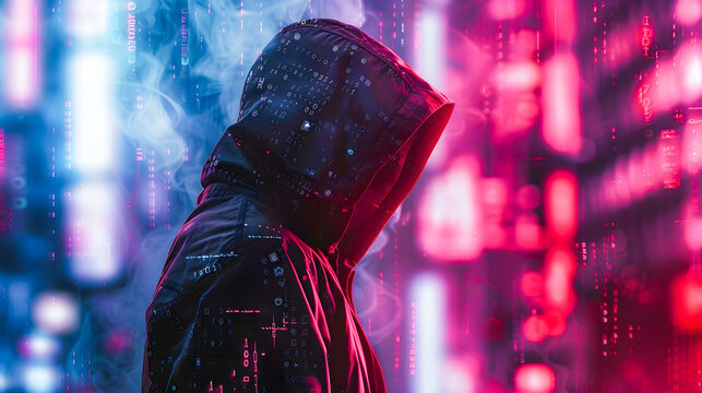 Cyber Attacker in Futuristic Rainy Neon Cityscape at Night Digital Security and Cybersecurity Concept  Dark moody and glitchy scene with a hooded figure against a backdrop of a stormy