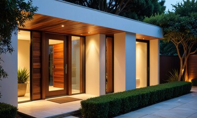 a luxury dwelling with a statement wooden door that has horizontal glass panes, set against a clean-lined facade, illuminated by designer outdoor lamps and framed by ornamental shrubs in geometric pla