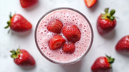 Strawberry milkshake in a glass bowl with strawberries in it on a white background 