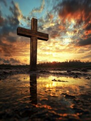 Wooden Cross at sunrise with generative ai