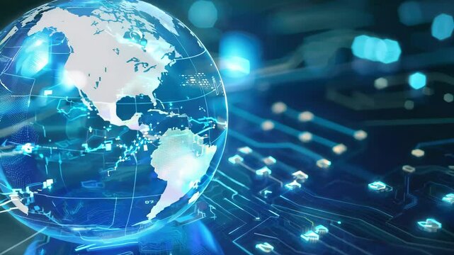 A digital globe with glowing networks, symbolizing global connectivity and technology in a modern, abstract design.
