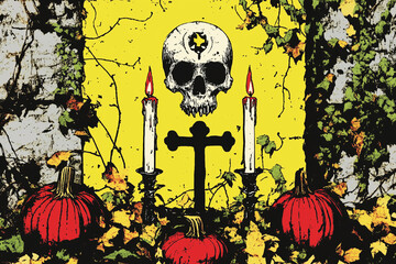 Gothic Halloween Scene with Skull, Cross, and Pumpkins