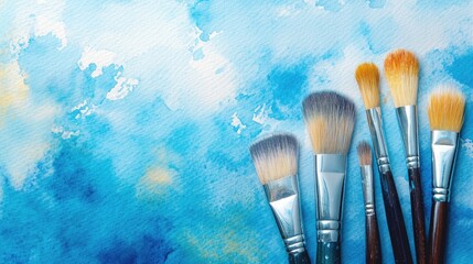 Watercolor illustration featuring painting brushes in close up against a blue abstract background Tools of the artist s workshop with a soft blur effect