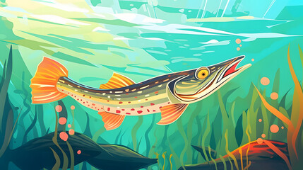 Pike Under at sea Illustration Vector