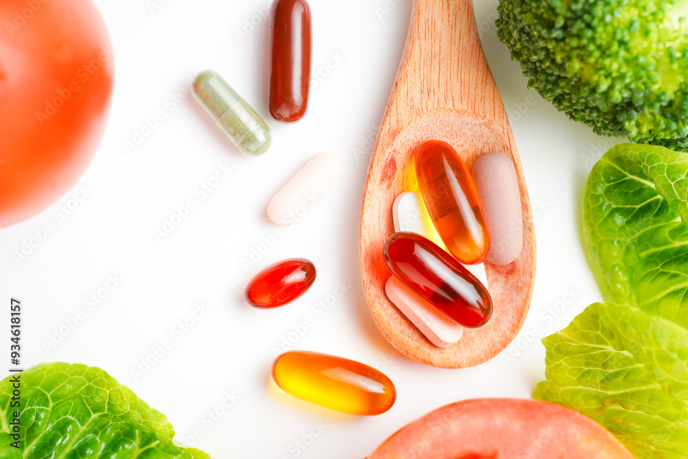 Wall mural Pills and capsules in wooden spoon with fresh vegetables, Multivitamins and supplement