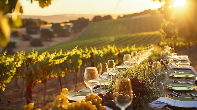 A long table is set for a dinner party, with grapes on the table and a vineyard in the background.