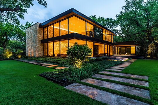 The design blends modernist and contemporary styles with a cozy feel. It features natural stone, large glass panels with black frames, and ample natural light. The garden includes elegant Italian cypr