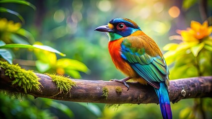 Obraz premium Bird with vibrant feathers perched on a thick tree branch in a lush forest setting