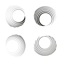 Abstract circle icons. Gradient radial lines. Black and white spirals. Vector round shapes.
