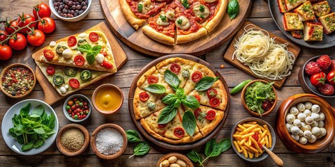 Delicious array of food items including pizza, pasta, salad, and desserts on a gourmet table