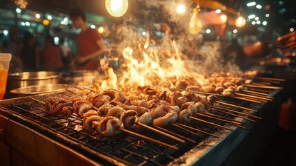 A vibrant Thai street food scene with octopus skewers grilling over hot coals, with the squid slowly charring and the market bustling with activity