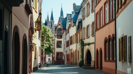 Naklejka premium A view of the old city of Mainz, where history comes alive through its architecture, narrow streets, and the timeless charm of a traditional German town.