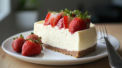 A white chocolate cheesecake topped with fresh strawberries, served on a white plate with a fork beside it.