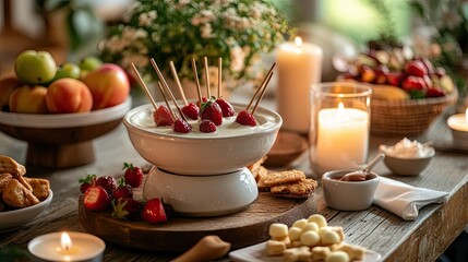 A white chocolate fondue set with skewers of fruits and treats ready for dipping, placed on a rustic table with candles.