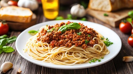 A white plate of spaghetti Bolognese served with a side of freshly baked bread, surrounded by ingredients like tomatoes, garlic, and basil.