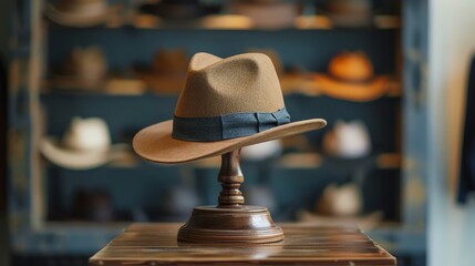 A brown fedora hat displayed on a wooden stand in a hat shop.