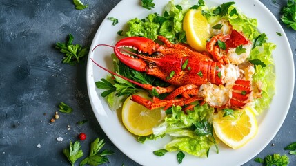 A white plate with spiny lobster, lemon slices, parsley, and lettuce salad, viewed from the top. The image captures the fresh and flavorful elements of this gourmet seafood dish.