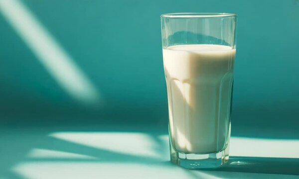 A glass of milk with a blue background and shadows