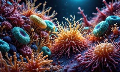 Obraz premium a vibrant microscopic world, showcasing a variety of bacteria and microorganisms with intricate details and textures, illuminated by dynamic lighting to enhance their forms