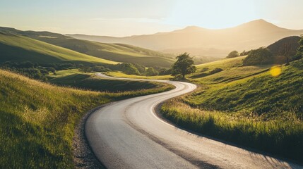 A winding road through a landscape of rolling hills and distant mountains, under a bright, clear sky.