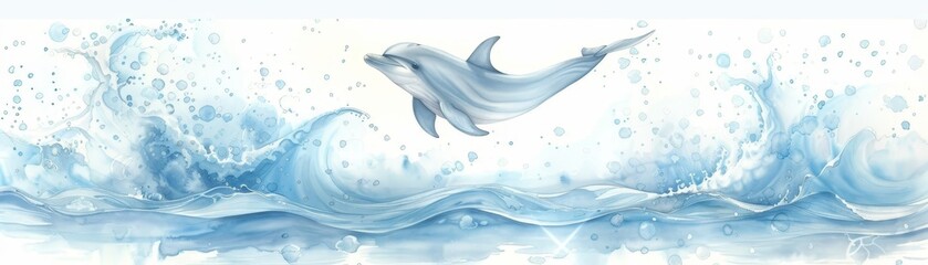 Watercolor Dolphin Jumping Over Waves