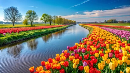 Obraz premium Beautiful springtime scenery of a river lined with brightly colored tulips in the Netherlands