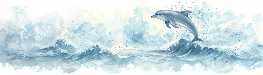 Naklejka premium Watercolor Dolphin Jumping Over Ocean Waves