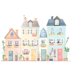 row cute pastel colored houses with potted plants and flowers, featuring cats perched on the roofs in the style of simple vector illustrations, clipart, print, journal designs