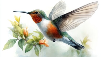 Fototapeta premium Watercolor Hummingbird in Flight with Flowers